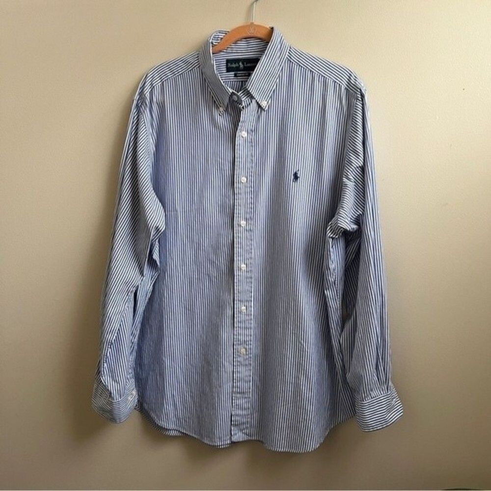 Ralph Lauren RL blue & white stripe shirt Cotton 16.5” classic fit Pony Preppy